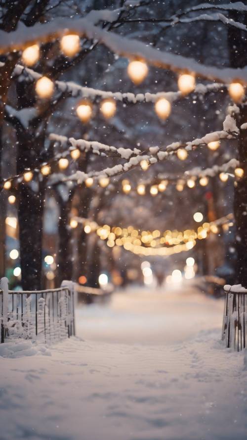 ערב מושלג בגראנד ראפידס, מישיגן, אורות החג מנצנצים בעליצות בכיסוי השלג הרך.