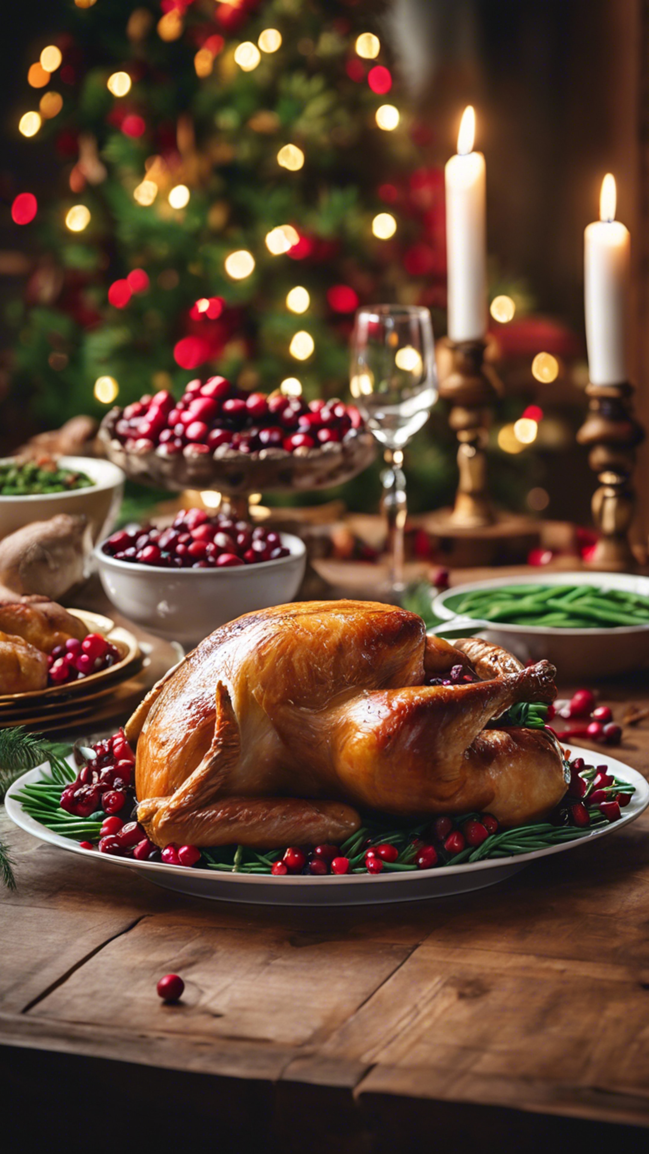 A simple wooden table adorned with a traditional Christmas dinner featuring roast turkey, cranberries, and green beans. Wallpaper[d85dd14ad8494122a50e]