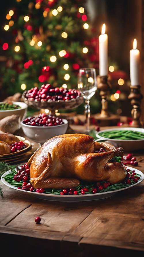 A simple wooden table adorned with a traditional Christmas dinner featuring roast turkey, cranberries, and green beans.