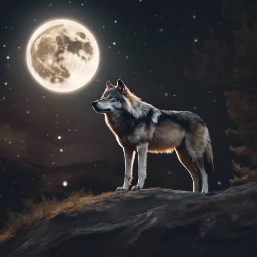 Serigala metalik gelap sendirian berdiri di atas bukit di bawah bulan purnama