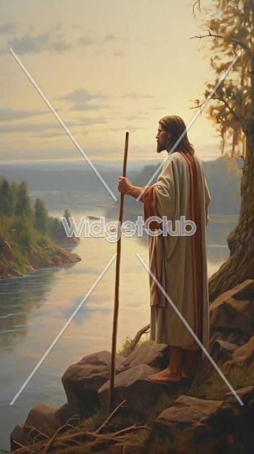 Безмятежный вид на реку с Иисусом, держащим посох