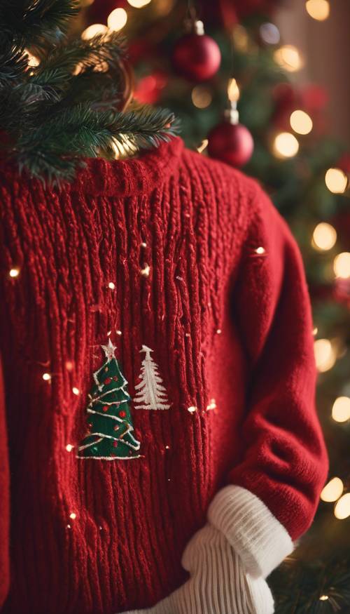 Un pull de vacances rouge, stylisé de manière preppy, suspendu à côté d&#39;un sapin de Noël coloré.