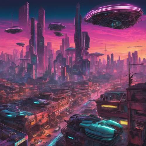 Uma vista panorâmica de uma cidade cyberpunk no crepúsculo, com hovercrafts voando acima.
