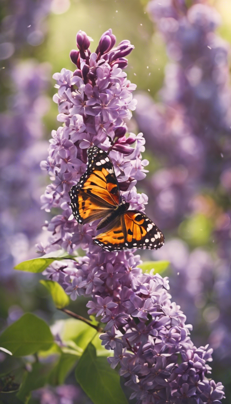 Butterflies hovering over a garden filled with lilacs. Kertas dinding[3909fde32cf74f9f8d38]