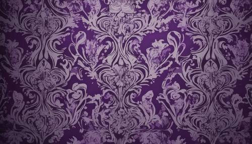Damask pattern in moody shades of purple, gently contrasted by cool gray.