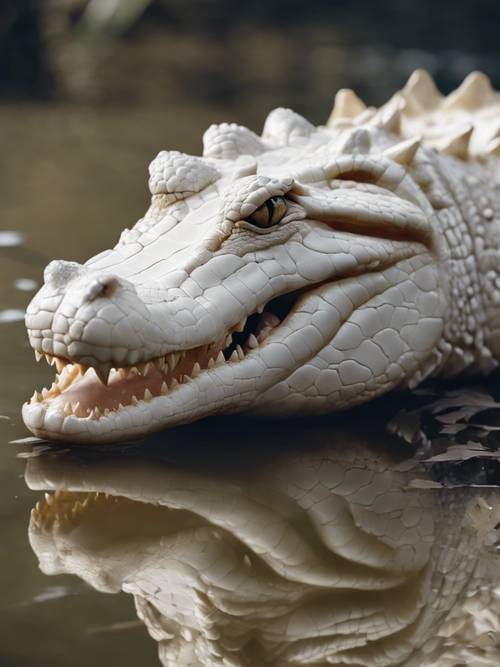 An albino crocodile, its unusual white scales contrasting with the murky waters of its habitat.