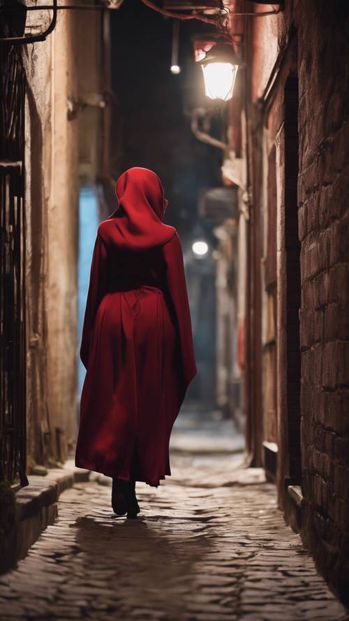 짙은 진홍빛 옷을 입은 신비한 여인이 고풍스럽고 어두운 불빛의 골목길을 걷고 있습니다.