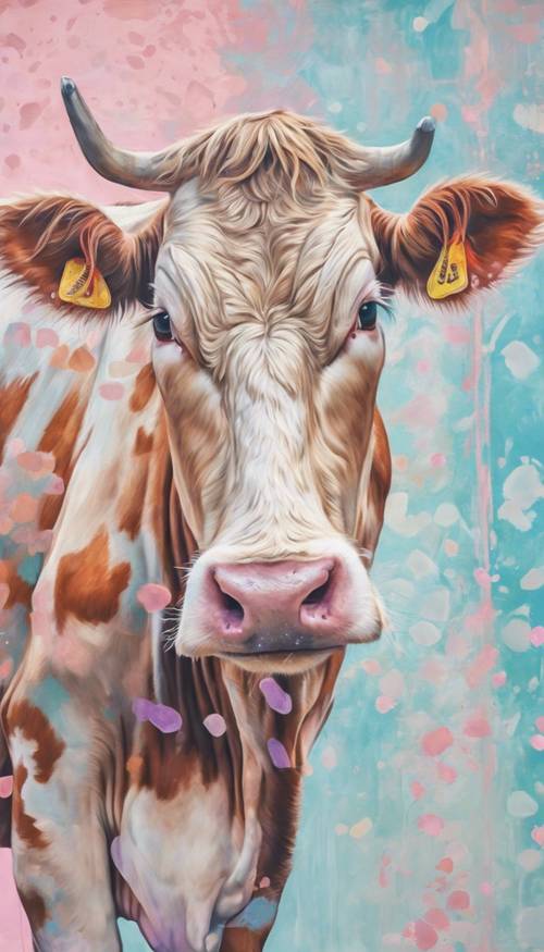 Dekoracyjny pastelowy nadruk krowy na abstrakcyjnym obrazie na płótnie.