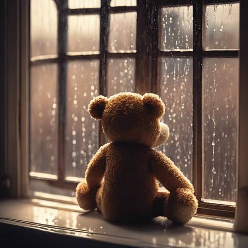 一只棕色的泰迪熊坐在窗台上，看着外面下着雨。