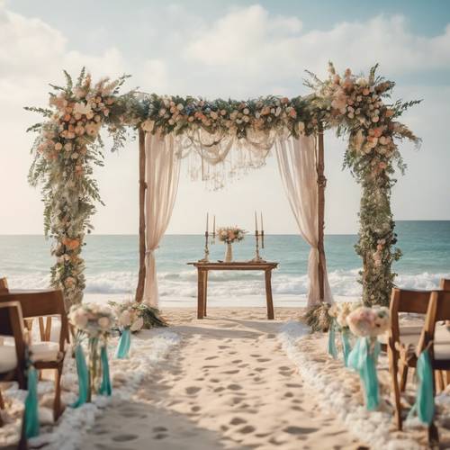 Configuration de mariage sur la plage bohème avec une arche florale fantaisiste, des chaises en bois et une allée parsemée de pétales menant à la mer sereine.