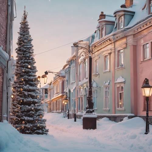 La veille de Noël dans une ville enneigée aux bâtiments pastel, les lampadaires projetant de longues ombres douces.