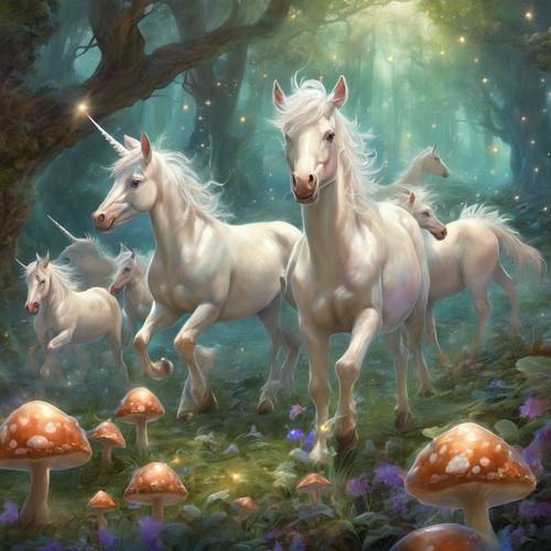 Un gruppo di giocosi cuccioli di unicorno che si divertono gioiosamente in una radura piena di funghi magici e luminescenti.