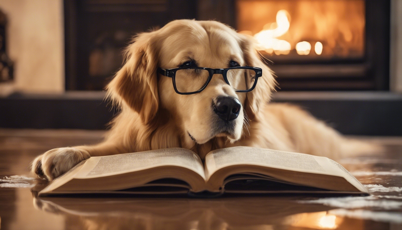 A golden retriever wearing glasses and reading an old book beside a roaring fireplace. Тапет[300c52bad7944e28bdda]