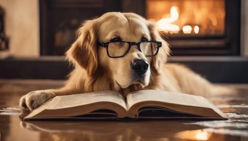 一隻戴著眼鏡的黃金獵犬在熊熊燃燒的壁爐旁閱讀一本舊書。
