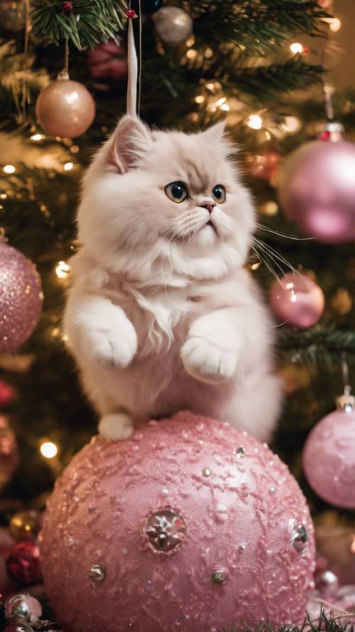 Um gato persa rosa rechonchudo batendo de brincadeira em alguns enfeites de decoração pendurados em uma árvore de Natal.