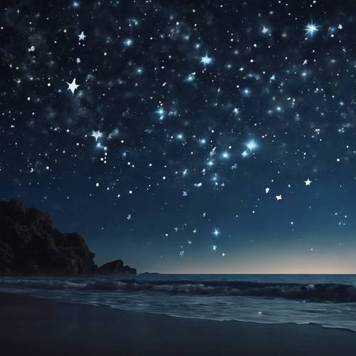 A midnight view of a constellation containing several blue and white stars shimmering over a silent ocean.