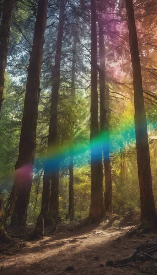 A lustrous rainbow emerging from an ancient forest