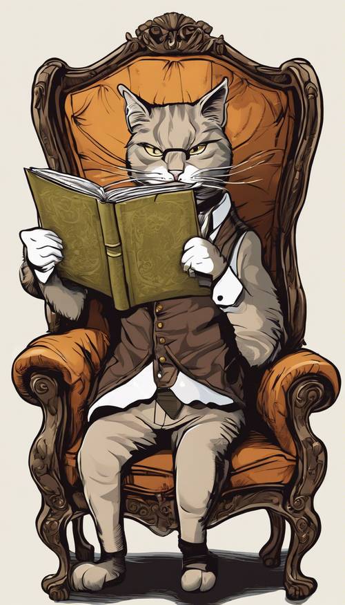 Một chú mèo hoạt hình lớn tuổi, khôn ngoan với kính một mắt và áo vest màu nâu, đang ngồi trên chiếc ghế bành bọc nhung, đọc một cuốn sách cổ.