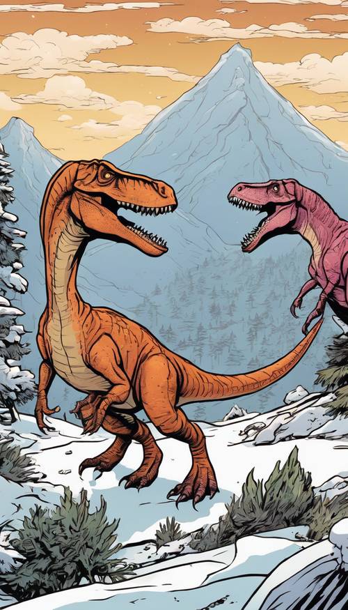 A couple of animated dinosaur siblings playfully chasing each other in the early morning sunrise, against a snowy mountain backdrop.