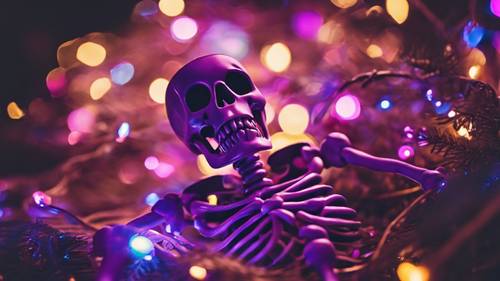 Holiday-themed image of a purple skeleton tangled in Christmas lights".