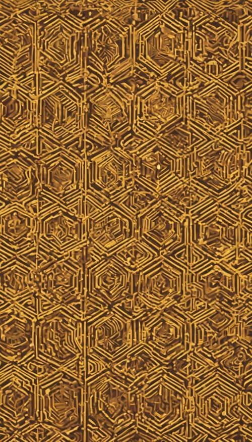 An intricate pattern of yellow and brown geometric shapes in a 1970s retro style.