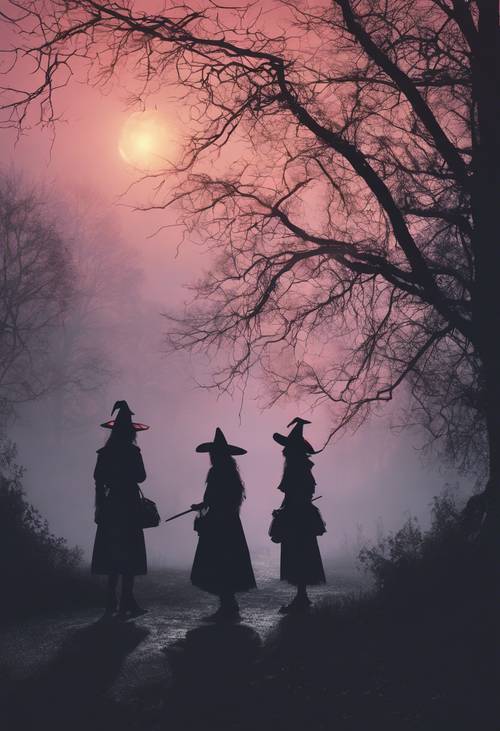 Силуэты ведьм, освещенные неоновым светом в туманном пейзаже».