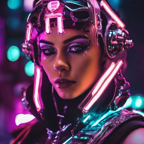 Un ritratto ravvicinato di un cattivo cyberpunk con luci al neon, piercing in metallo e trucco ispirato alla fantascienza.