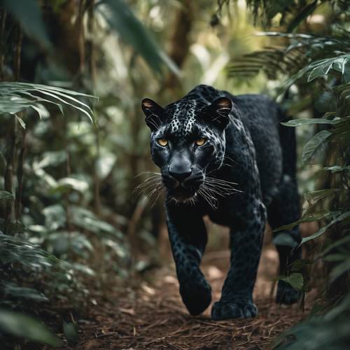 Black leopard stealthily moving through thick jungle foliage.