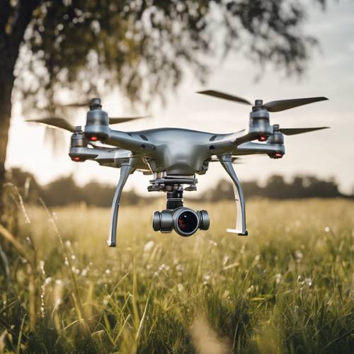 Un dron cuadricóptero plateado despegando de un campo de hierba, con las hélices girando rápidamente.