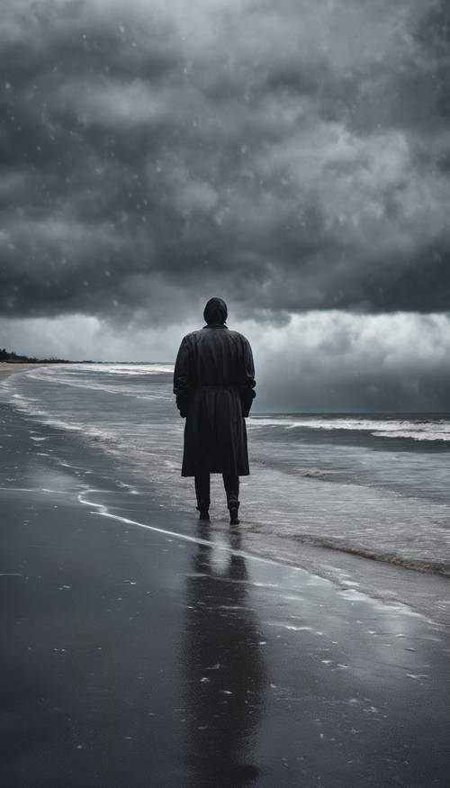 暴风雨天空下的黑色海滩，一个人孤独的身影穿过海滩。