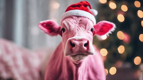 صورة طبعة عيد الميلاد لبقرة وردية اللون ترتدي قبعة سانتا ولحية بيضاء.