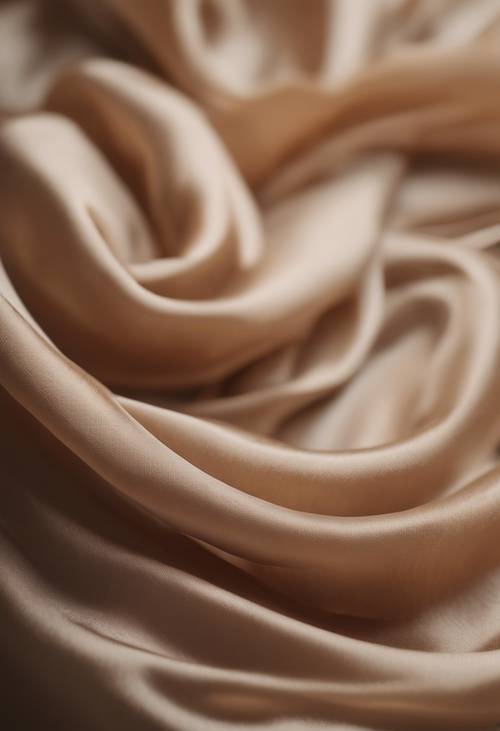 Vortici di tessuto di seta marrone chiaro che cadono dolcemente su una superficie elegante.