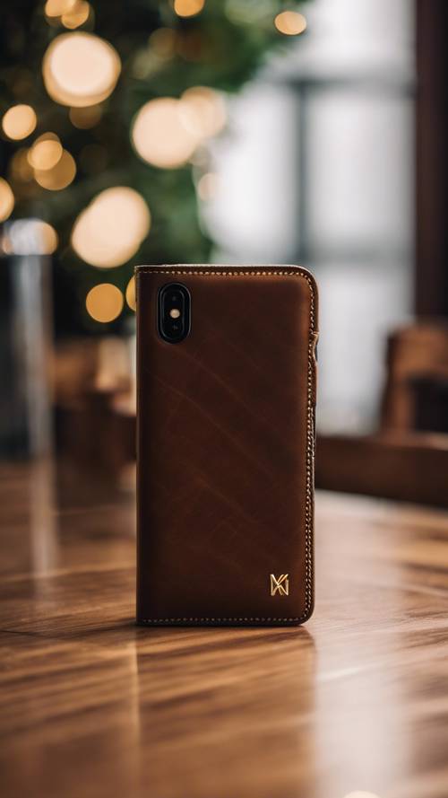 Sebuah iPhone XS emas disimpan dalam dompet kulit berkelas di atas meja kayu ek.