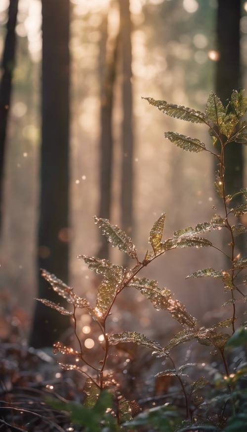 Спокойная утренняя сцена в лесу, где роса блестит на листьях в первых лучах солнечного света.