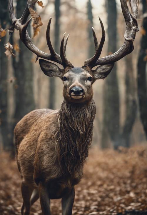 A dream scene of tree branches morphing into antlers on a deer's head.