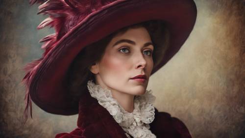 ビクトリア時代の女性が着用するワインレッドの羽のついた帽子を身につけた姿が描かれたアンティークの油絵