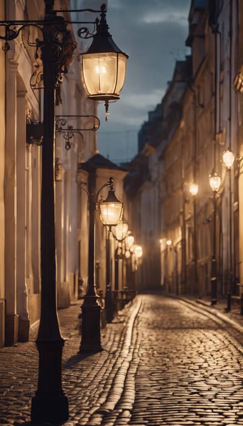 A cobbled street bathed in the soft glow of antique street lamps