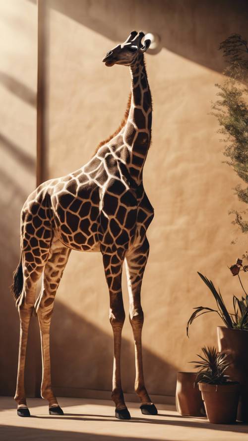 Żyrafa prognozowana w stylu lalek cienia na jasno oświetlonej ścianie.