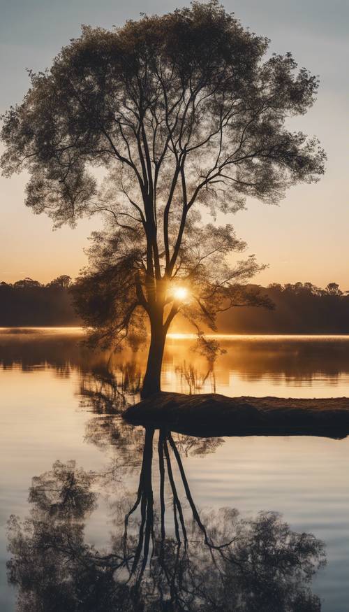 Un sereno amanecer sobre un lago que parece un espejo, iluminando un árbol solitario distante.
