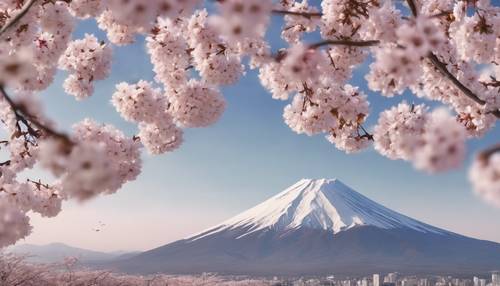 El Monte Fuji en medio de delicadas flores de cerezo, trabajado en un elegante patrón geométrico.