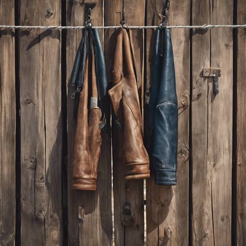 A closeup of a pair of weather-beaten chaps hanging from a wooden fence Tapet [d4e132a932574ae5b40c]