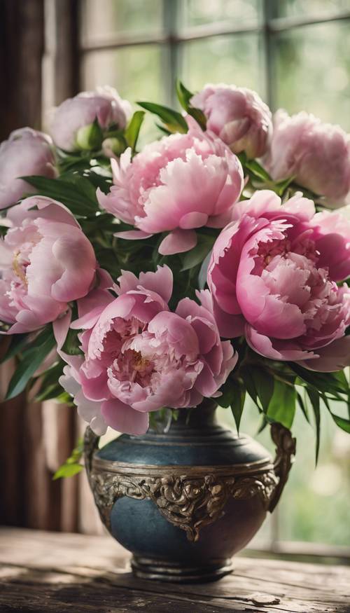 A bouquet of beautiful peonies nestled in an antique French vase on a rustic wooden table.