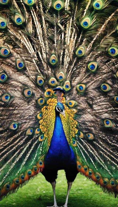 A beautiful black peacock with its multi-colored tail feathers fully spread in a dazzling display.