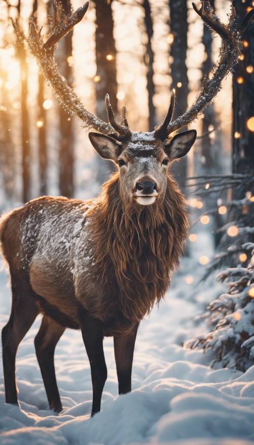 Un portrait en gros plan d&#39;un cerf dans une forêt enneigée, avec des lumières de Noël scintillantes entrelacées dans ses bois majestueux, et la lueur du soleil couchant créant une toile de fond magique. Fond d&#39;écran [4e87321a343f4960a069]