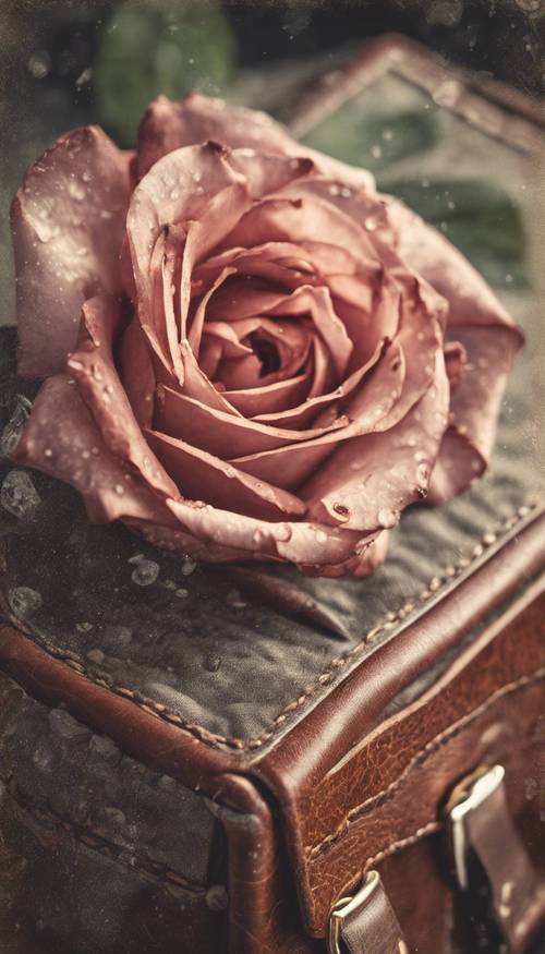 Rosa vintage impressa na tela de uma bolsa de couro desgastada.