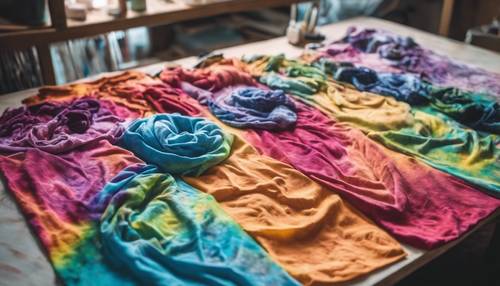A DIY craft table showcasing various stages of tie dying a t-shirt.