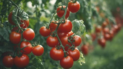 Tomates vermelhos e maduros pendurados pesadamente em uma videira em um jardim em julho.