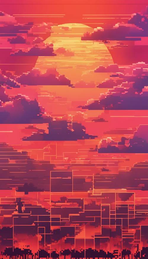 Zachód słońca w starej grze wideo z pikselowanymi chmurami w odcieniach pomarańczy, czerwieni i różu.