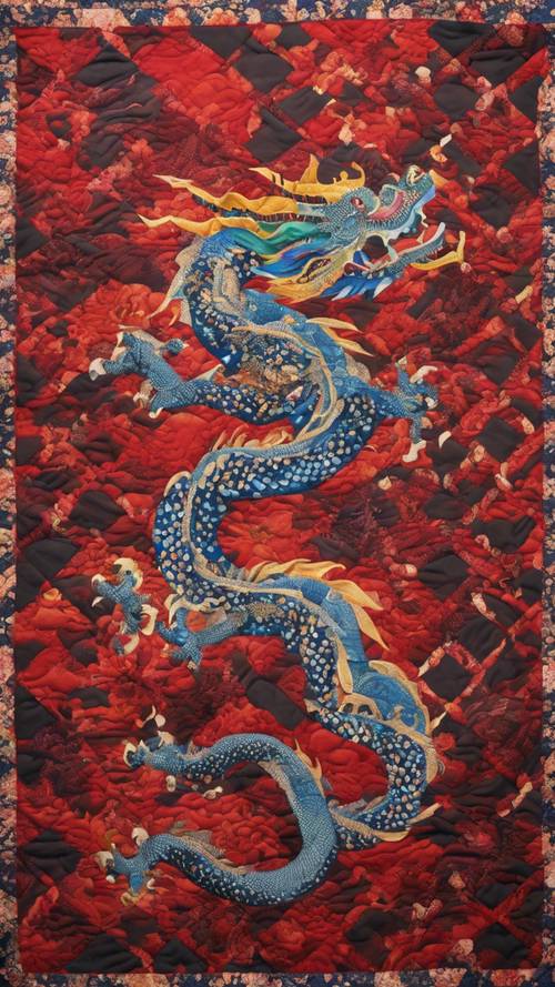 Одеяло с ярким узором, изображающим японского дракона.