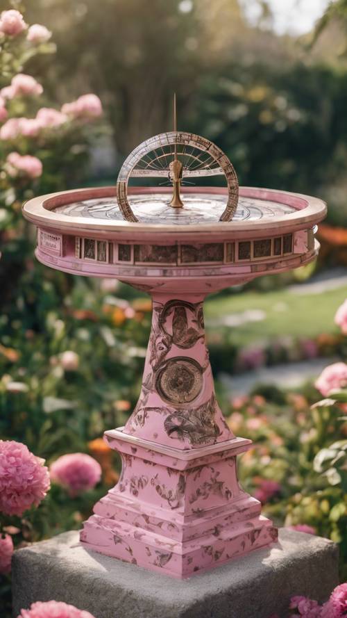 A large and intricate sundial in a beautiful garden, inlaid with a dramatic pink cheetah print pattern.